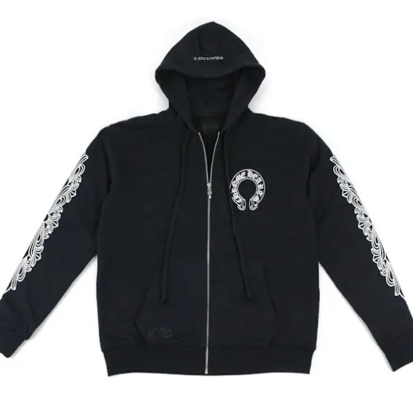 Chrome Hearts Horseshoe Floral Cross Sleeve Embroidered Hood Zip Up Hoodie Black Chrome Hearts Horseshoe Floral Cross Sleeve Embroidered Hood Zip Up Hoodie Black