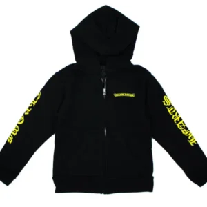 Chrome Hearts Kids Scroll Logo Zip Up Hoodie Black/Yellow