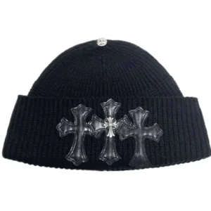 Chrome Hearts Cashmere Black Triple Leather Cross With Silver Logo Cross Beanie
