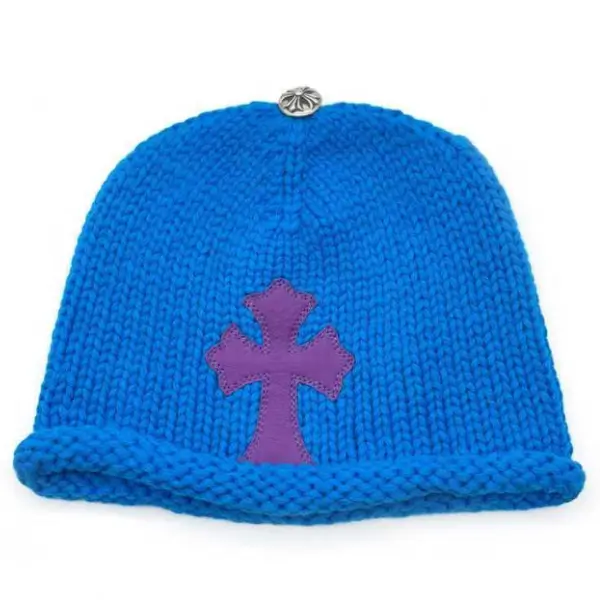 Chrome Hearts Cashmere Purple Cross Leather Patch Blue Beanie Chrome Hearts Cashmere Purple Cross Leather Patch Blue Beanie