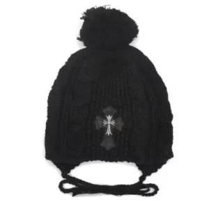 Chrome Hearts Silver Cross Leather Patch Cashmere Beanie