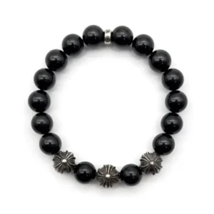 Chrome Hearts 10mm Black Obsidian 4 Silver Beaded Bracelet
