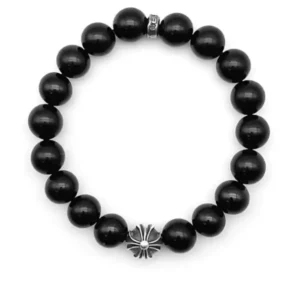 Chrome Hearts 10mm Obsidian Silver Cross Beaded Bracelet