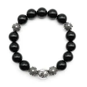 Chrome Hearts 12mm Black 5 Silver Bead Cross Bracelet