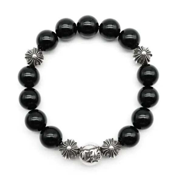 Chrome Hearts 12mm Black 5 Silver Bead Cross Bracelet Chrome Hearts 12mm Black 5 Silver Bead Cross Bracelet