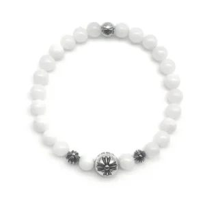 Chrome Hearts 6mm Beaded White Agate 4 Silver Cross Bracelet