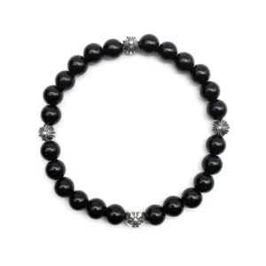 Chrome Hearts 6mm Black Beaded Obsidian 4 Silver Cross Ball Bracelet
