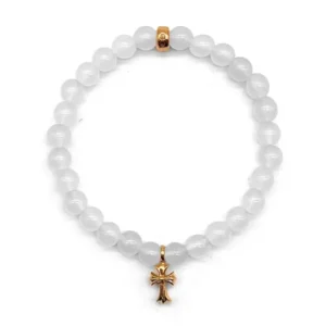 Chrome Hearts 6mm White Agate 22K Gold Cross Charm Beaded Bracelet