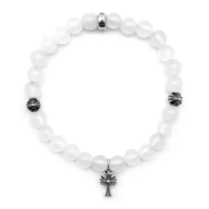 Chrome Hearts 6mm White Agate Silver Cross Pendant Beaded Bracelet