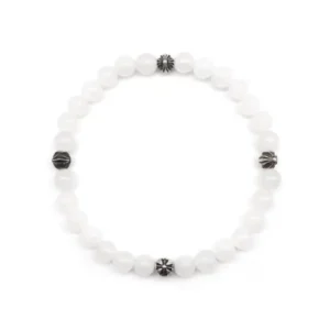 Chrome Hearts 6mm White Beaded 4 Silver Cross Ball Bracelet