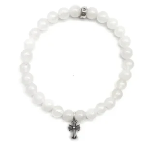 Chrome Hearts 6mm White Beaded Silver Cross Pendant Bracelet