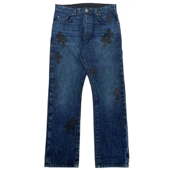 Chrome Hearts Black Leather Cross Patch Jeans Chrome Hearts Black Leather Cross Patch Jeans