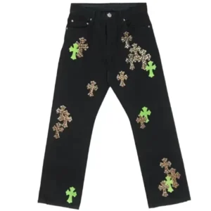 Chrome Hearts Leopard Green Leather Cross Patch Jeans
