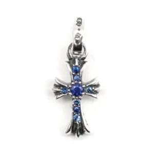 Chrome Hearts Silver Blue Saph Babyfat Cross Charm Pendant