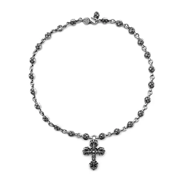 Chrome Hearts Silver Crossball Necklace With Filigree Cross Pendant Chrome Hearts Silver Crossball Necklace With Filigree Cross Pendant