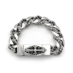 Chrome Hearts Silver Diamond ID Cross Fancy Link Cuban Bracelet