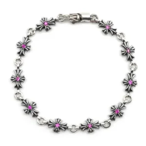 Chrome Hearts Tiny E Silver Pink Diamonds Cross Bracelet